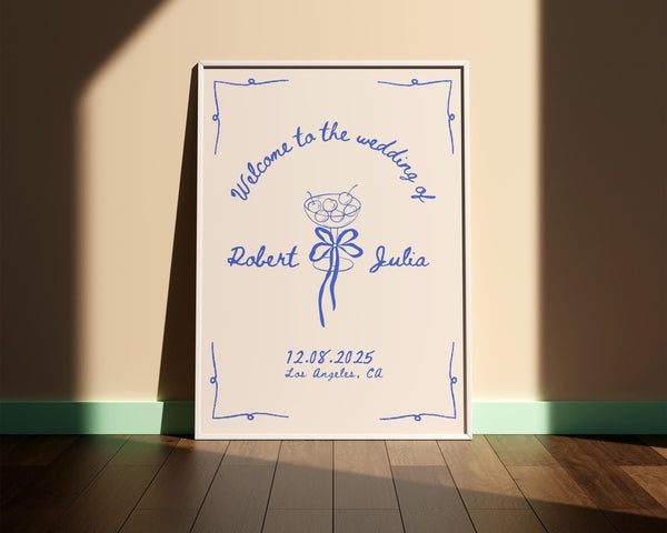 BeyzaLab Blue Hand Drawn Wedding Welcome Sign
