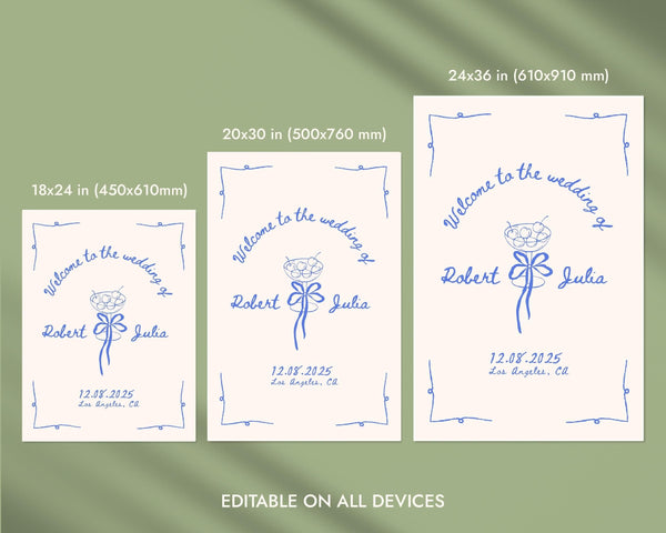 BeyzaLab Blue Hand Drawn Wedding Welcome Sign