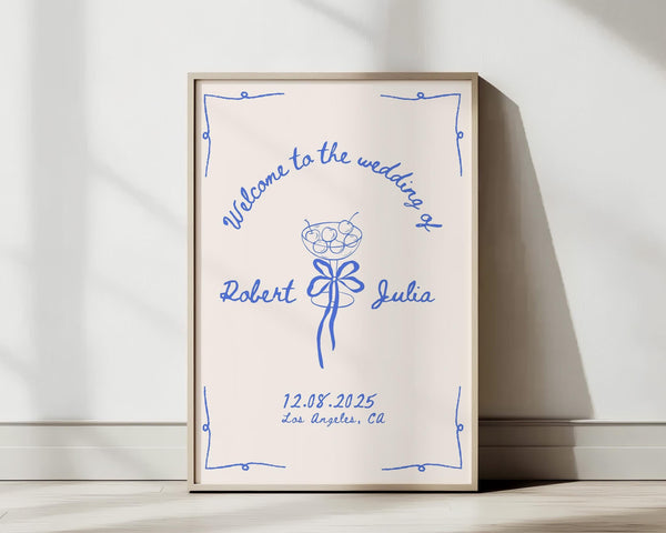 BeyzaLab Blue Hand Drawn Wedding Welcome Sign
