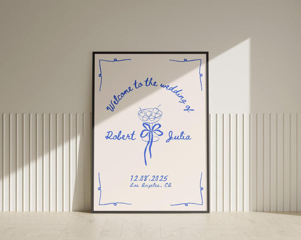 BeyzaLab Blue Hand Drawn Wedding Welcome Sign