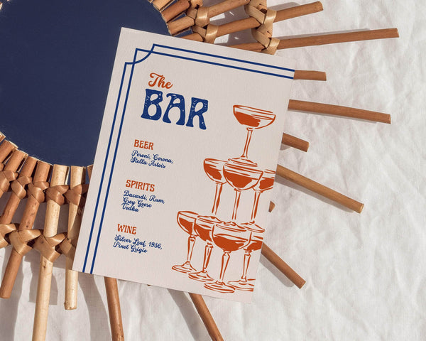 Instant Download - Canva Template Blue Retro Wedding Bar Menu Sign