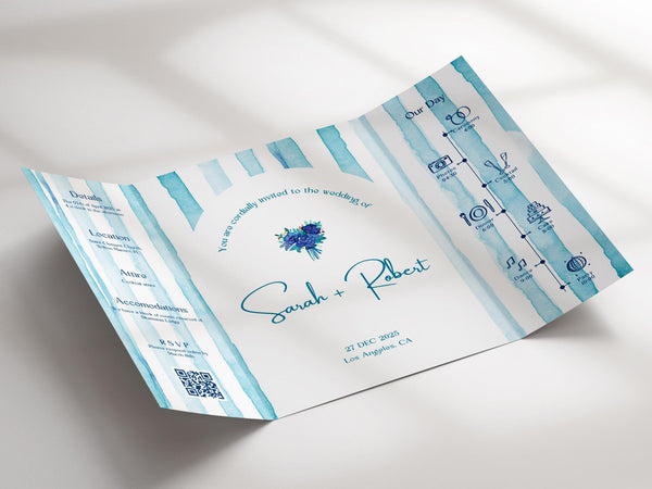 BeyzaLab Blue Striped Gatefold Wedding Invitation