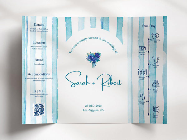 BeyzaLab Blue Striped Gatefold Wedding Invitation