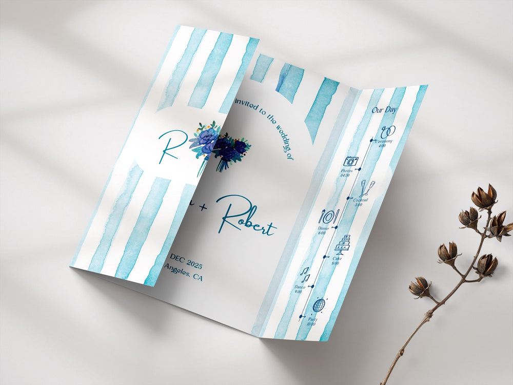 BeyzaLab Blue Striped Gatefold Wedding Invitation