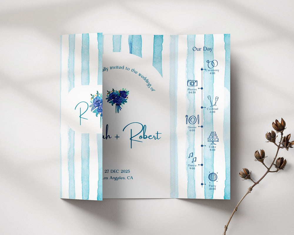 BeyzaLab Blue Striped Gatefold Wedding Invitation