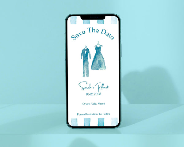 BeyzaLab Blue Striped Save The Date Invite