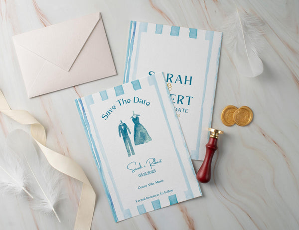 BeyzaLab Blue Striped Save The Date Invite