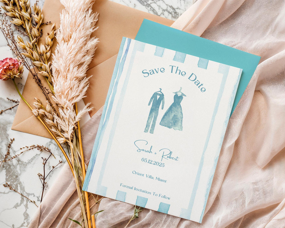 BeyzaLab Blue Striped Save The Date Invite