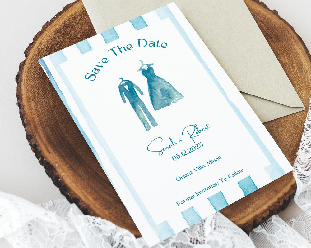 BeyzaLab Blue Striped Save The Date Invite