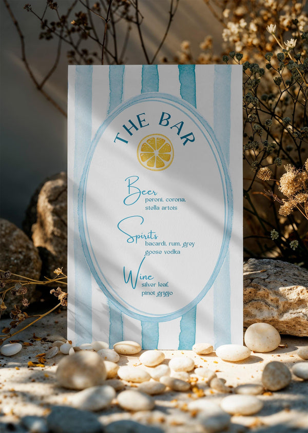 BeyzaLab Blue Striped Wedding Bar Menu Sign
