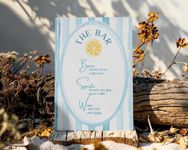 BeyzaLab Blue Striped Wedding Bar Menu Sign