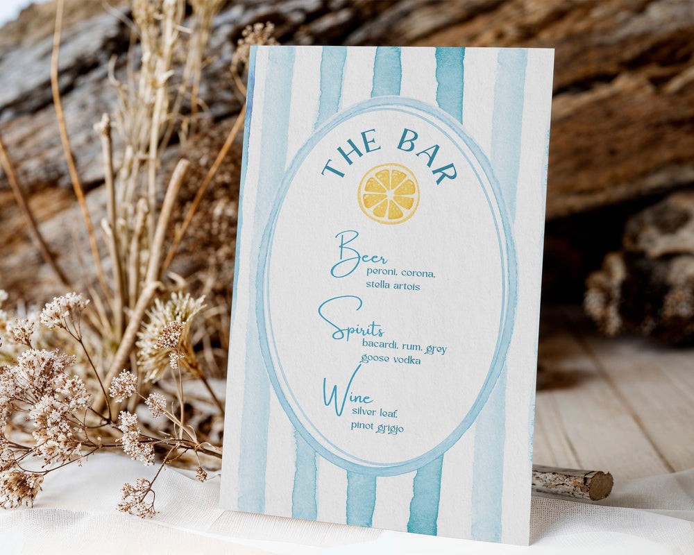 BeyzaLab Blue Striped Wedding Bar Menu Sign