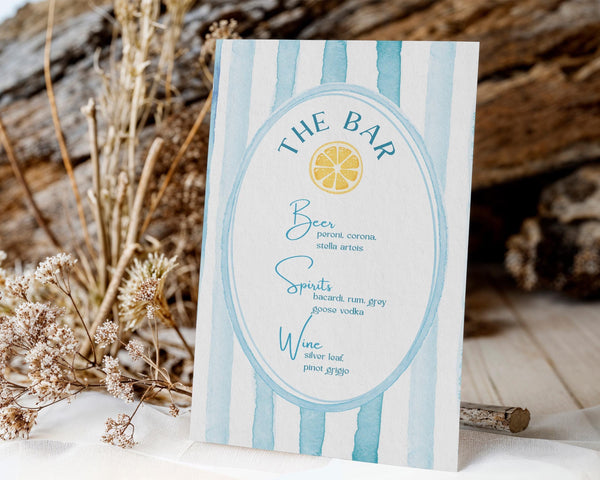 BeyzaLab Blue Striped Wedding Bar Menu Sign