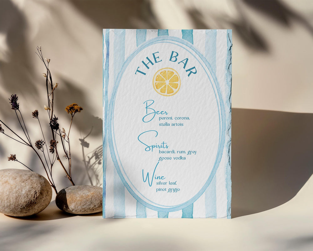 BeyzaLab Blue Striped Wedding Bar Menu Sign
