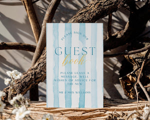 BeyzaLab Blue Striped Wedding Guest Book Sign