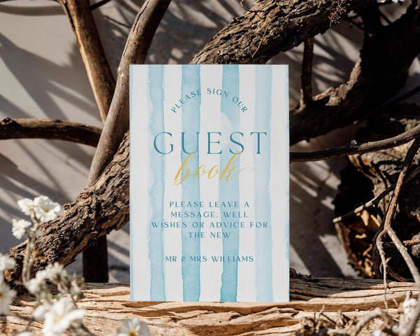 BeyzaLab Blue Striped Wedding Guest Book Sign