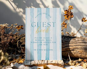 BeyzaLab Blue Striped Wedding Guest Book Sign