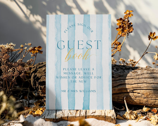 BeyzaLab Blue Striped Wedding Guest Book Sign