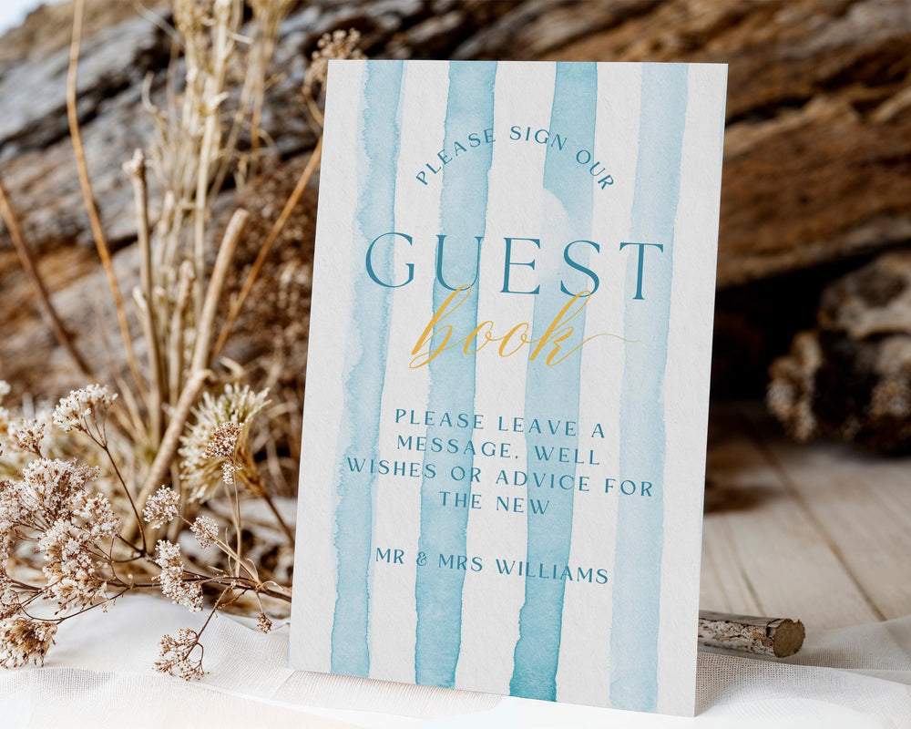 BeyzaLab Blue Striped Wedding Guest Book Sign