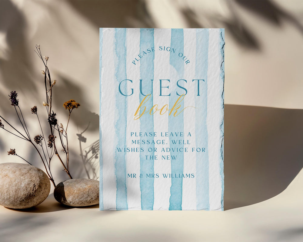 BeyzaLab Blue Striped Wedding Guest Book Sign