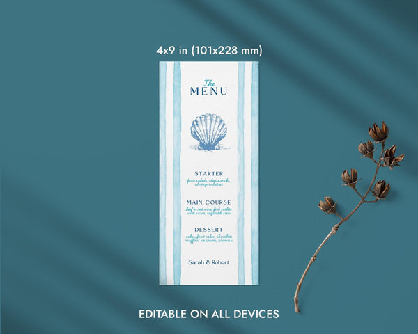 BeyzaLab Blue Striped Wedding Menu Cards Template