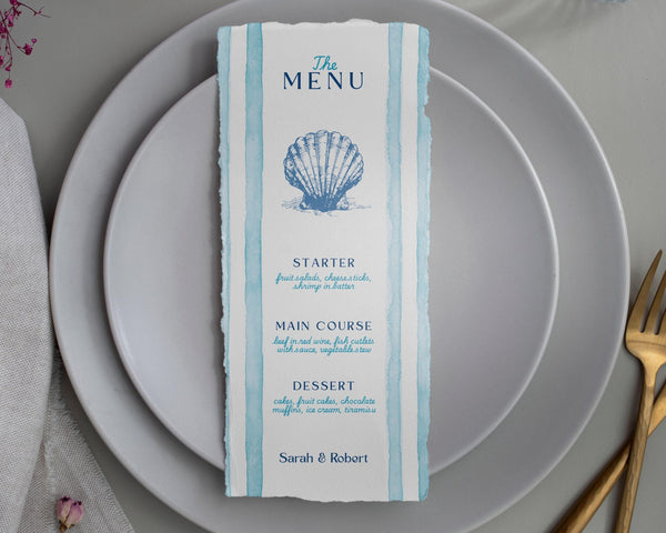 BeyzaLab Blue Striped Wedding Menu Cards Template