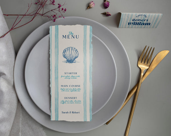 BeyzaLab Blue Striped Wedding Menu Cards Template