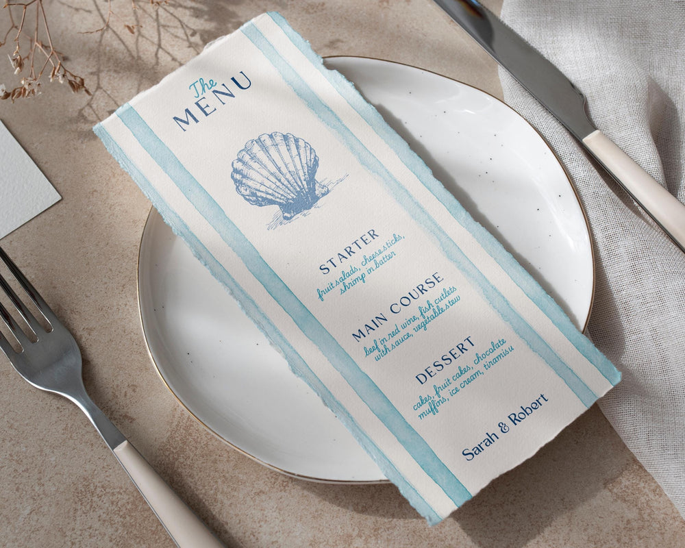 BeyzaLab Blue Striped Wedding Menu Cards Template