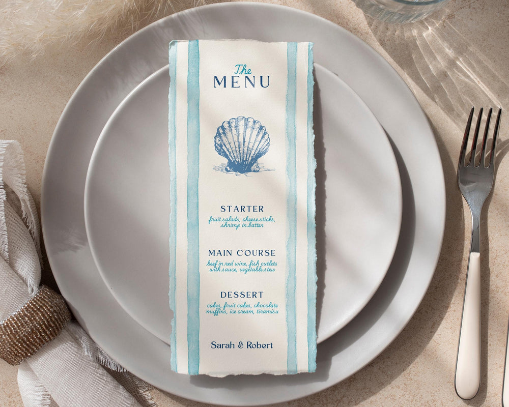 BeyzaLab Blue Striped Wedding Menu Cards Template