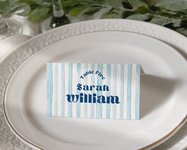 BeyzaLab Blue Striped Wedding Place Cards