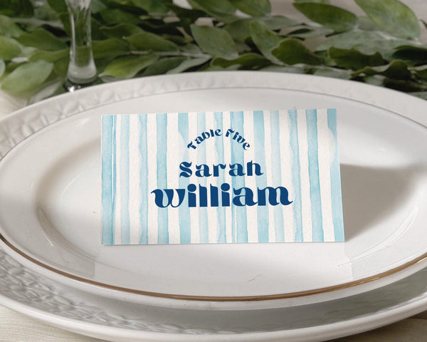 BeyzaLab Blue Striped Wedding Place Cards