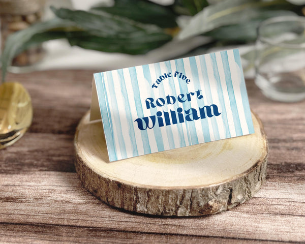 BeyzaLab Blue Striped Wedding Place Cards