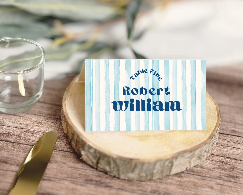BeyzaLab Blue Striped Wedding Place Cards
