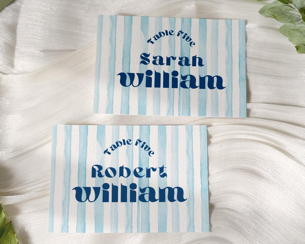 BeyzaLab Blue Striped Wedding Place Cards