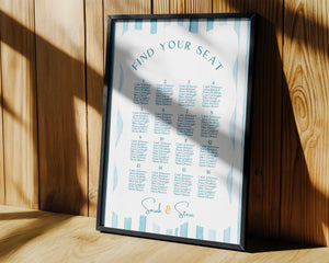 BeyzaLab Blue Striped Wedding Seating Chart Sign