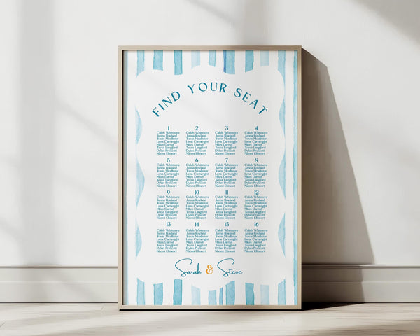 BeyzaLab Blue Striped Wedding Seating Chart Sign