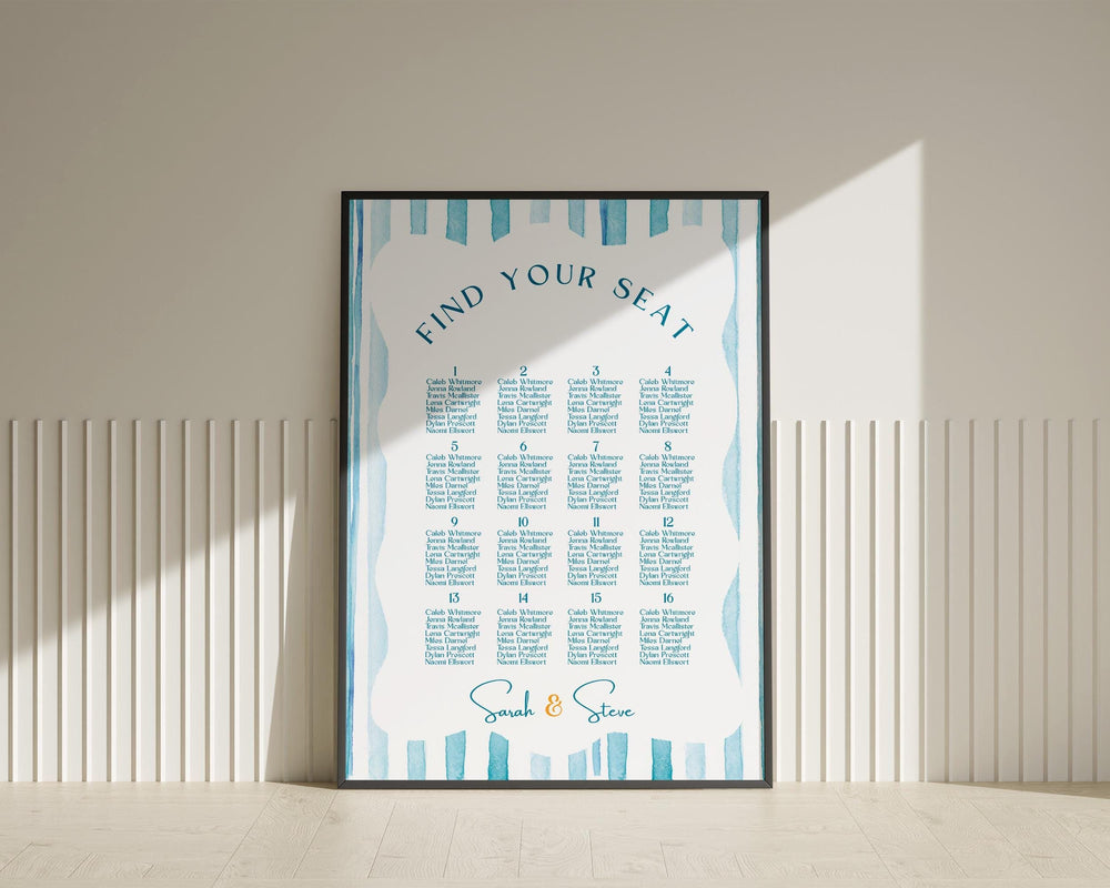BeyzaLab Blue Striped Wedding Seating Chart Sign