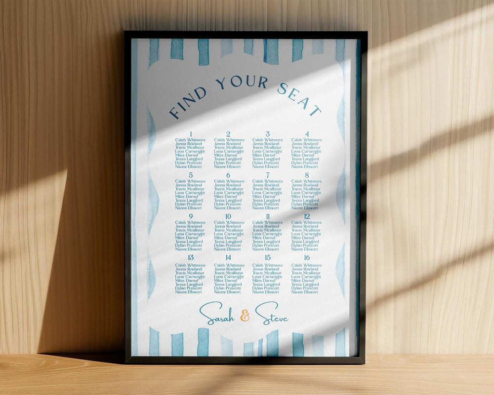 BeyzaLab Blue Striped Wedding Seating Chart Sign