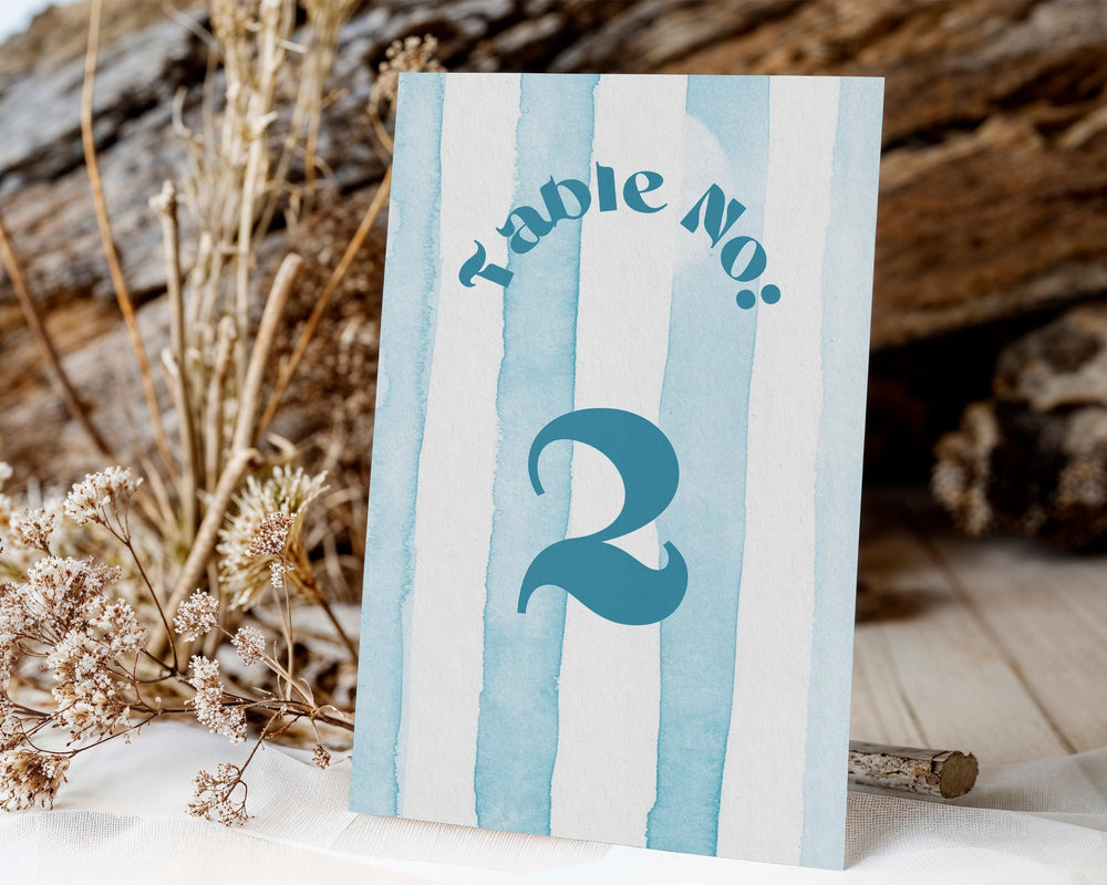 BeyzaLab Blue Striped Wedding Table Numbers