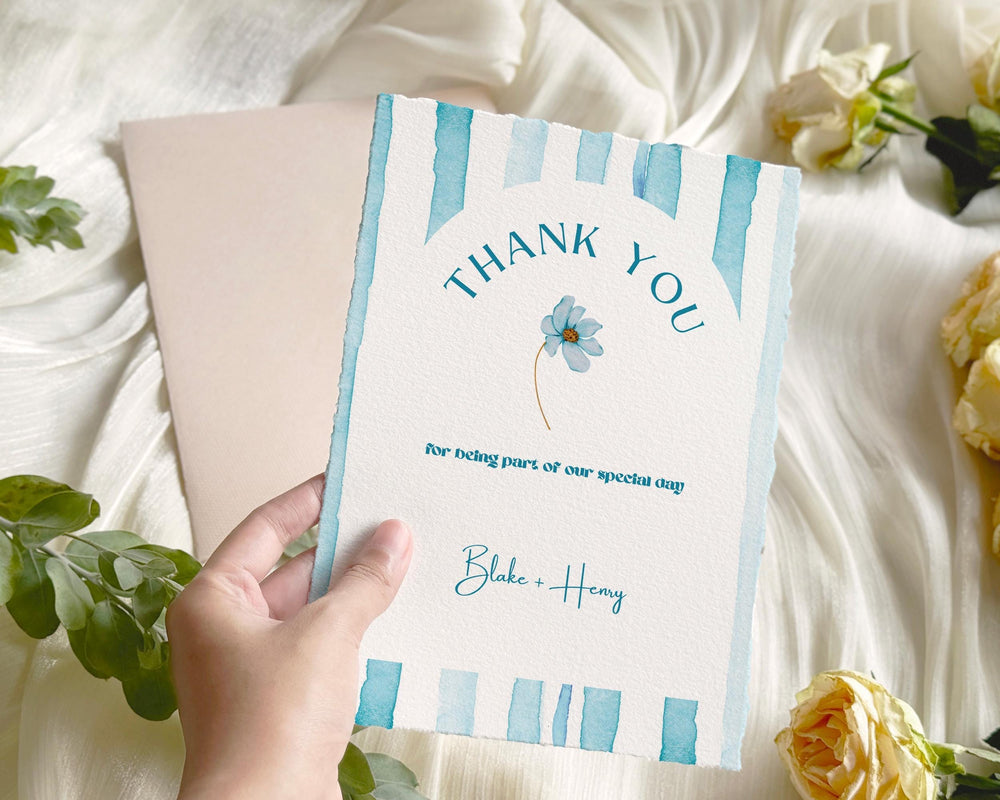 BeyzaLab Blue Striped Wedding Thank You Cards