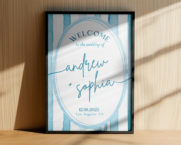 BeyzaLab Blue Striped Wedding Welcome Sign
