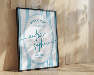 BeyzaLab Blue Striped Wedding Welcome Sign