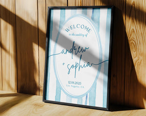 BeyzaLab Blue Striped Wedding Welcome Sign