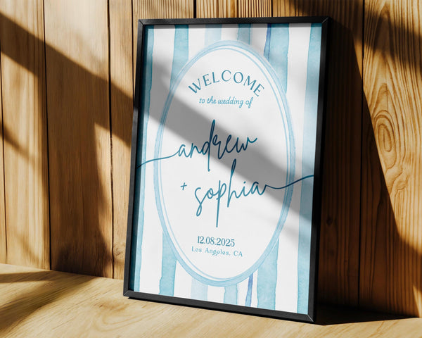 BeyzaLab Blue Striped Wedding Welcome Sign