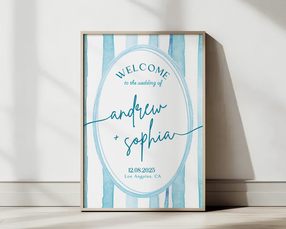 BeyzaLab Blue Striped Wedding Welcome Sign