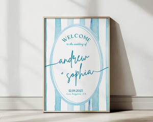 BeyzaLab Blue Striped Wedding Welcome Sign