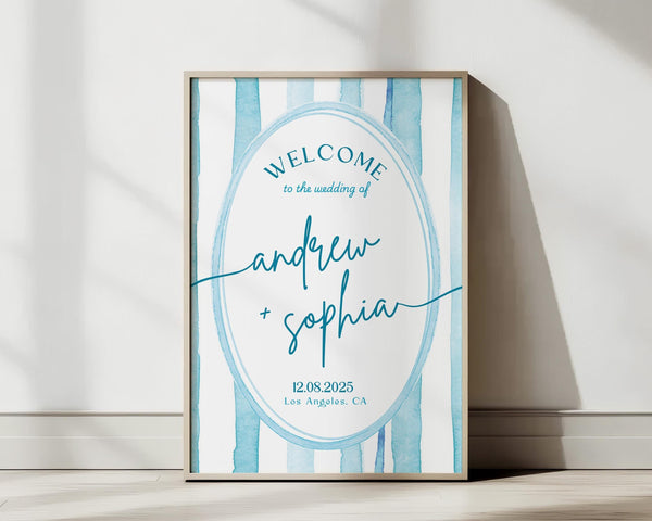 BeyzaLab Blue Striped Wedding Welcome Sign