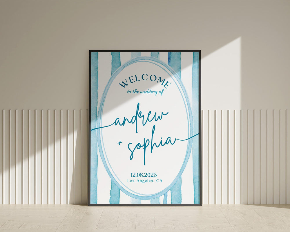 BeyzaLab Blue Striped Wedding Welcome Sign