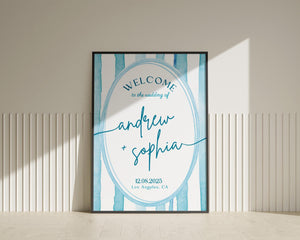 BeyzaLab Blue Striped Wedding Welcome Sign