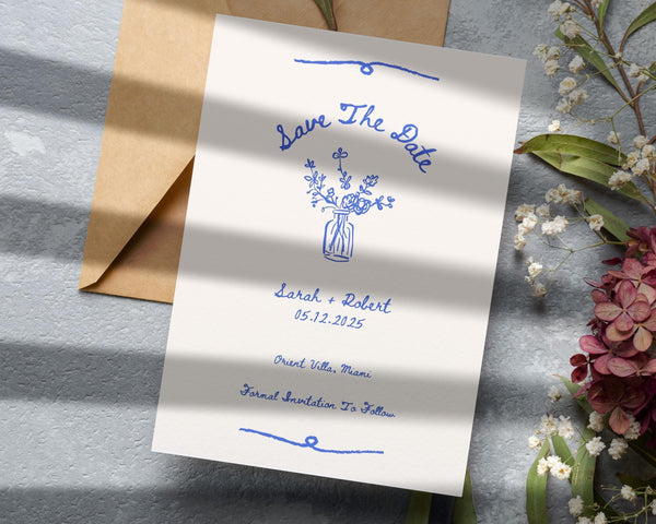 BeyzaLab Blue Vintage Save The Date Cards Template